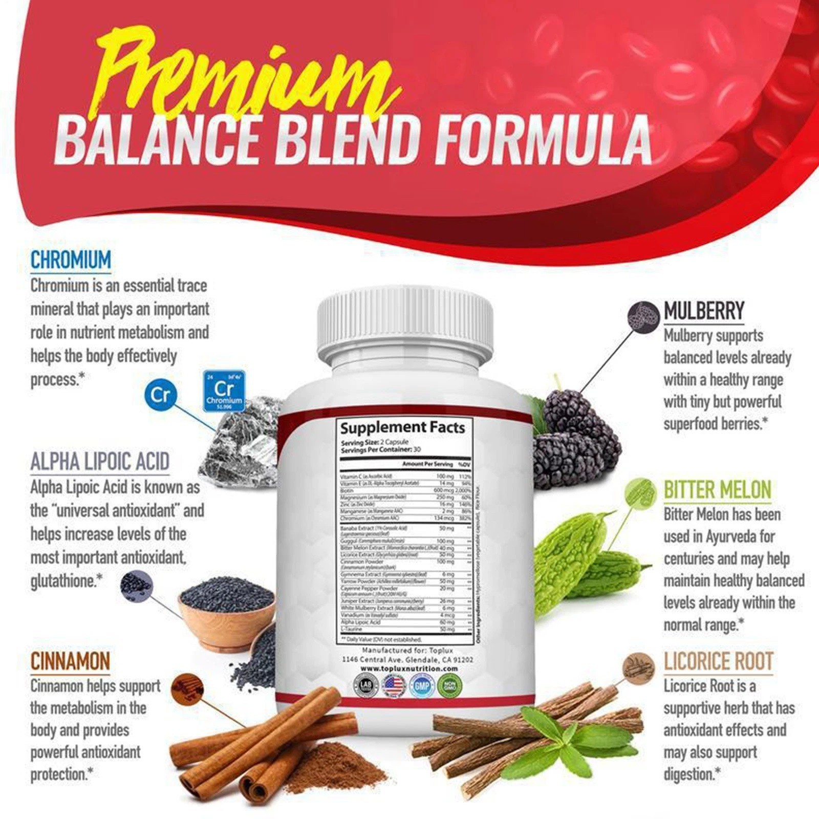 1~3x BLOOD SUGAR BLEND SUPPORT Alpha Lipoic Acid&Cinnamon 20Herbs Complex+60CAPS