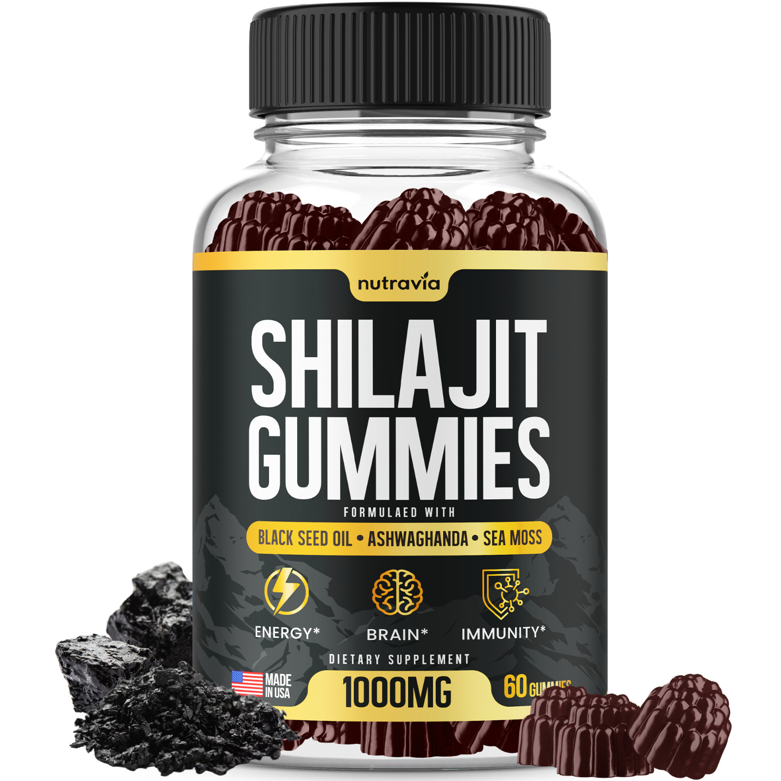 Shilajit Gummies – 3 in 1 with Sea Moss, Black Seed Oil, Ashwagandha Gummies