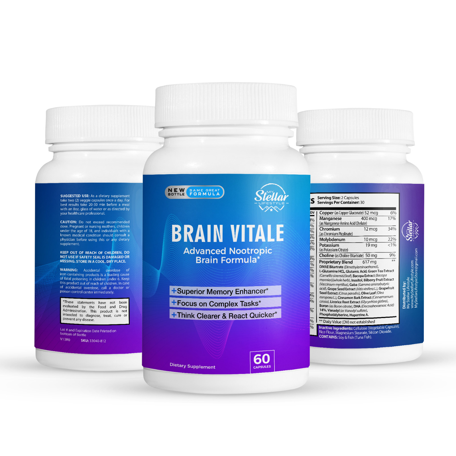 5 Pack Brain Vitale, advanced nootropic brain formula-60 Capsules x5