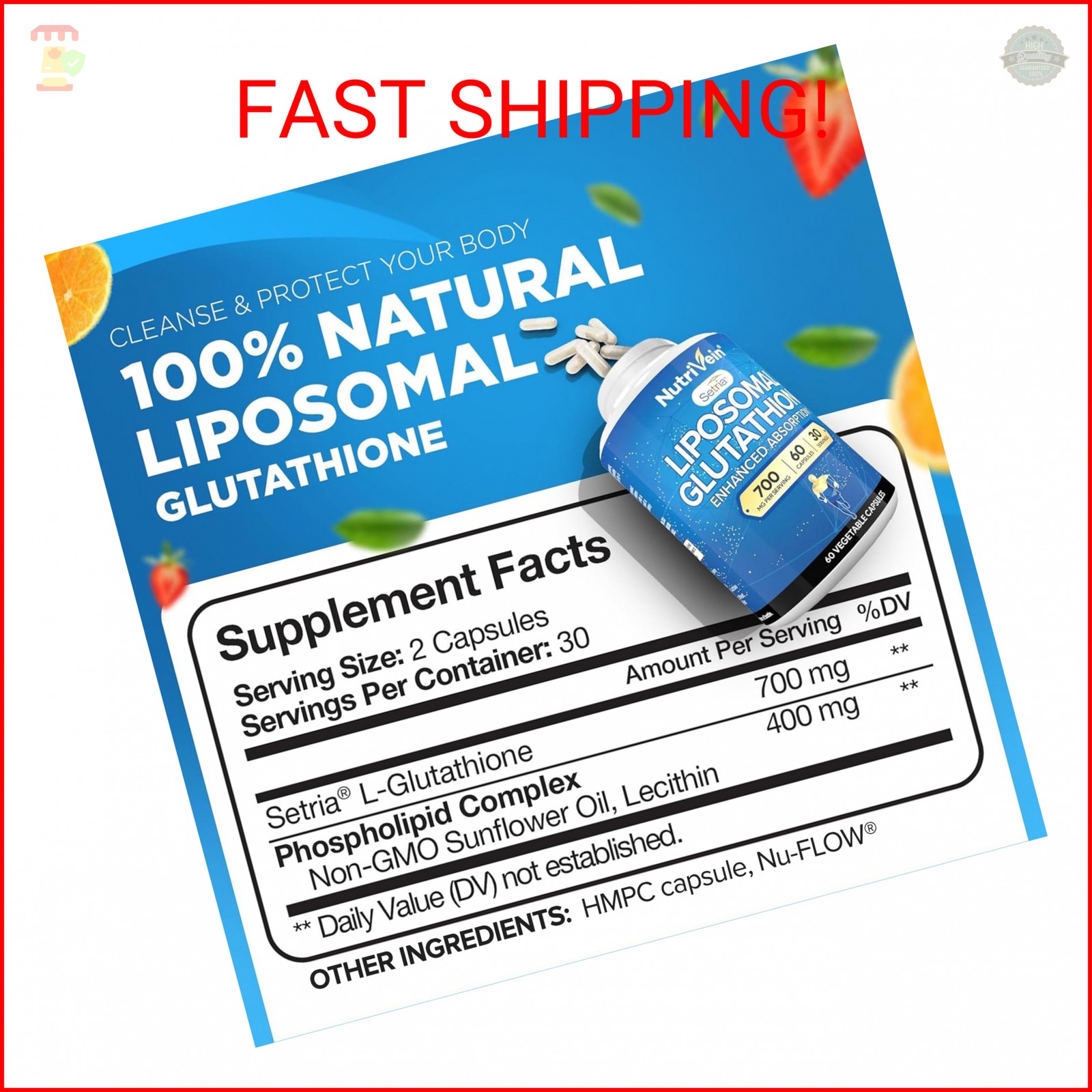 Nutrivein Premium Liposomal Glutathione Supplement 700 mg – 60 Caps – Pure Reduc