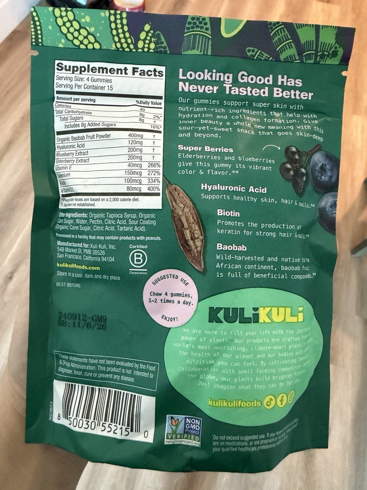 Kuli Kuli Hyaluronic Acid Biotin Baobab Gummies 60ct Sour Berry