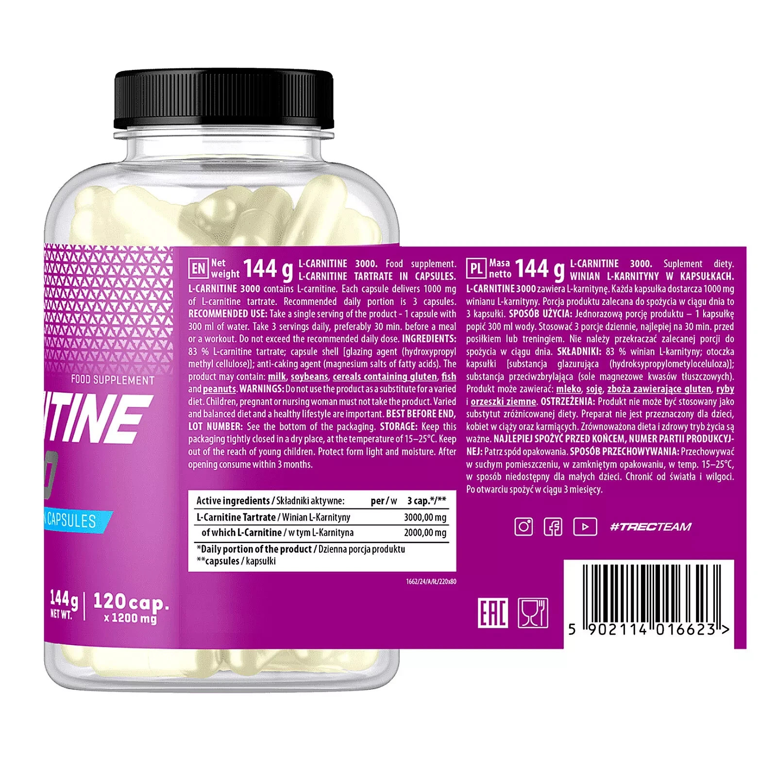 L-CARNITINE 3000 mg – 60-120 Capsules – Fat burner Weight loss Endurance Energy