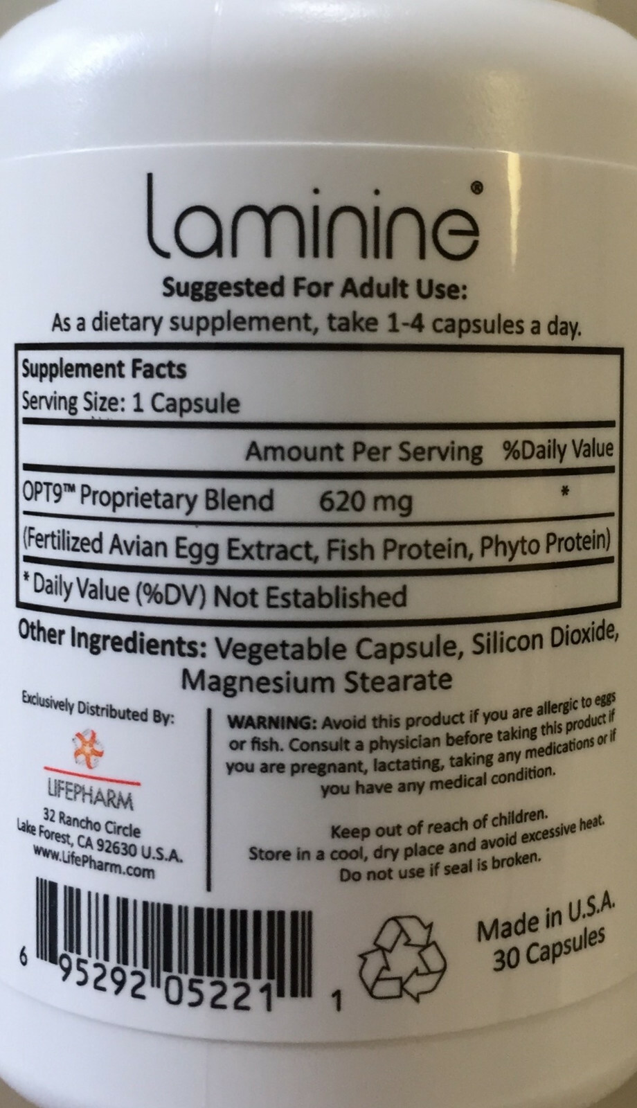 ONE BIG Eco bottle of Laminine Amino Acids 120 caps. Supplement of LifePharm.