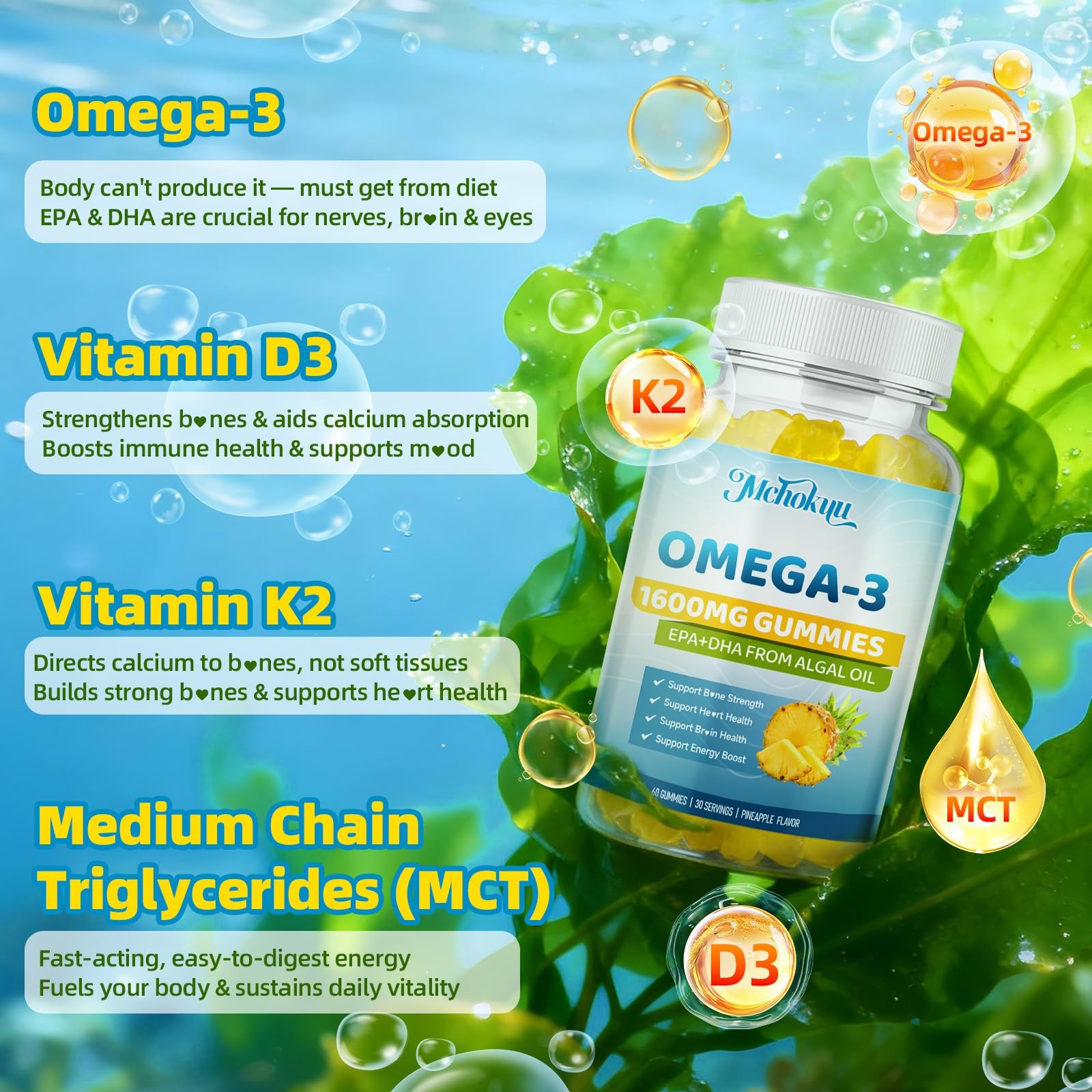 Mchokuu Vegan Omega-3 Gummies 1600Mg Epa Dha From Algal Oil Fish Oil