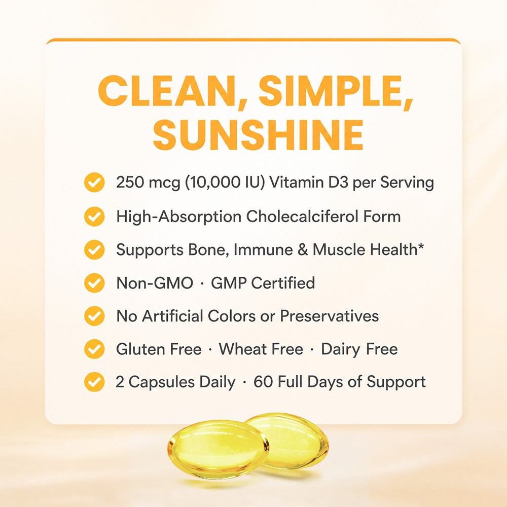 10000 IU VitaminD3 Triple Action Supplement for Bone,Immune & Muscle 30~120 Caps
