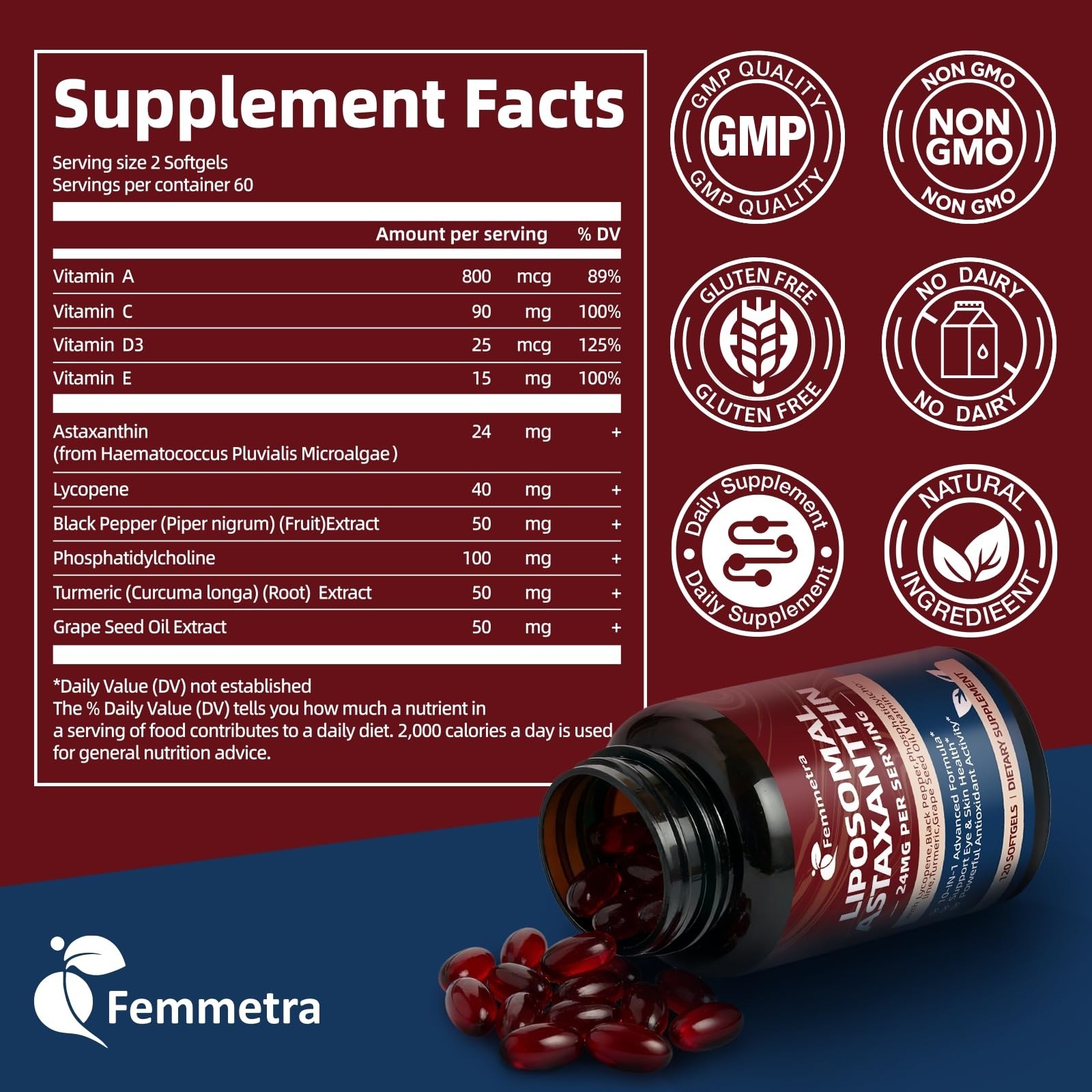 Femmetra 10-IN-1 Astaxanthin 24mg Softgels for Eye & Skin Health