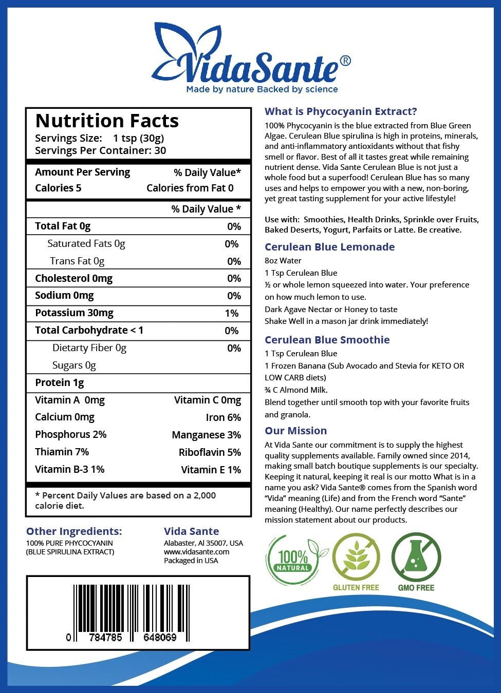 Blue Spirulina Organic Powder – Non GMO Boost Immune System Odorless