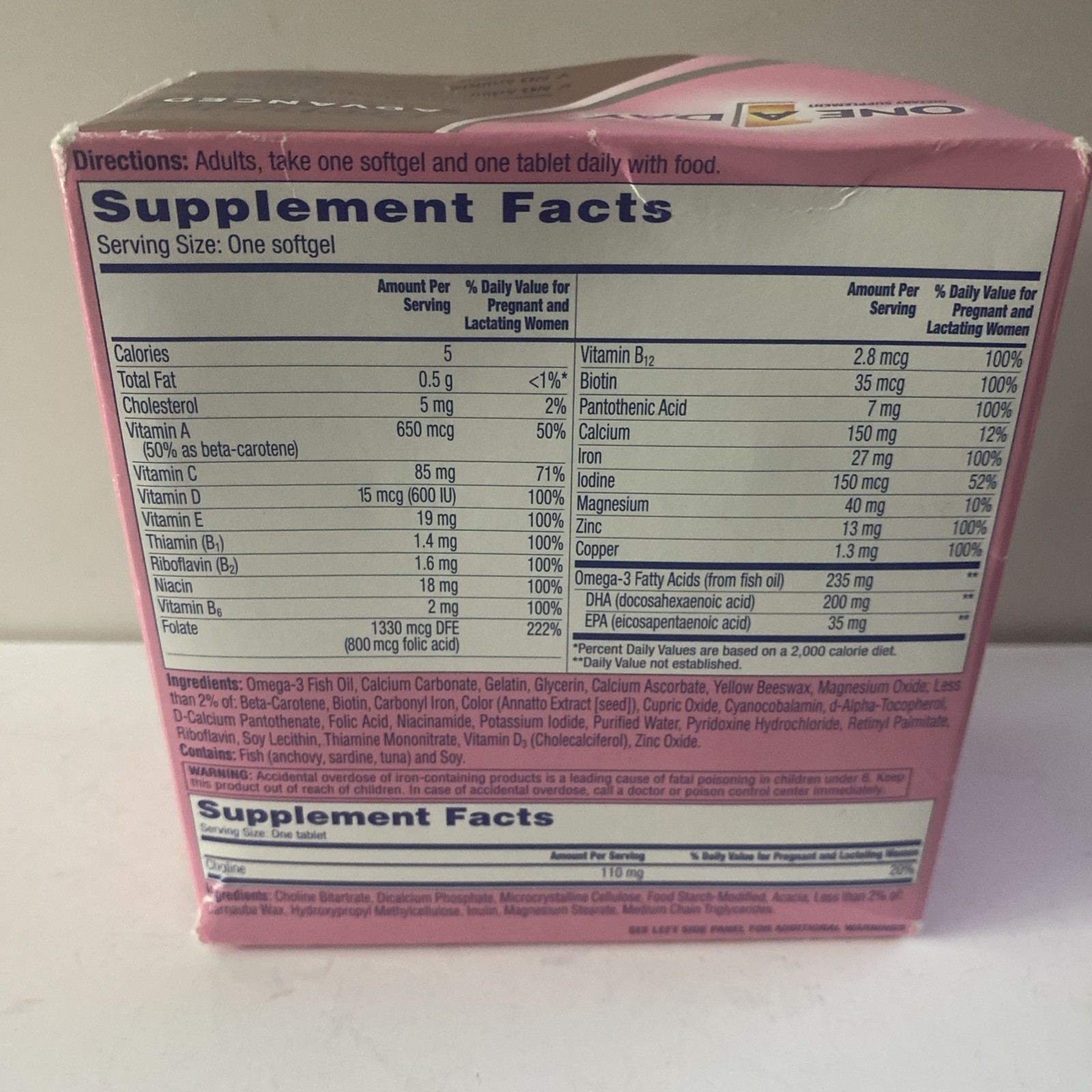 One A Day Prenatal Advanced Multivitamin Softgels 60 Ct + Choline Tablets 60 Ct