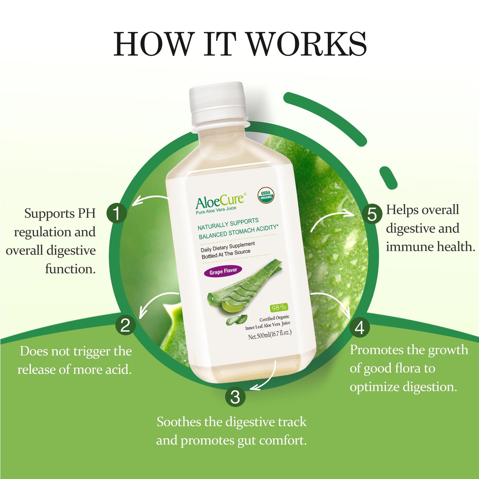 AloeCure USDA Organic Aloe Vera Juice Grape 16.7 Fl Oz (Pack of 1), White