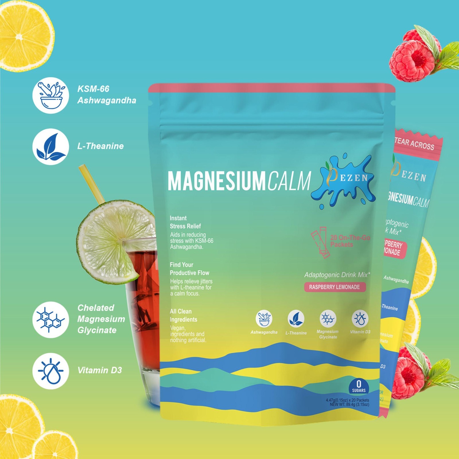 DEZEN Super Calm Magnesium Powder Drink Mix Raspberry Lemonade Flavor, 20 Sachet