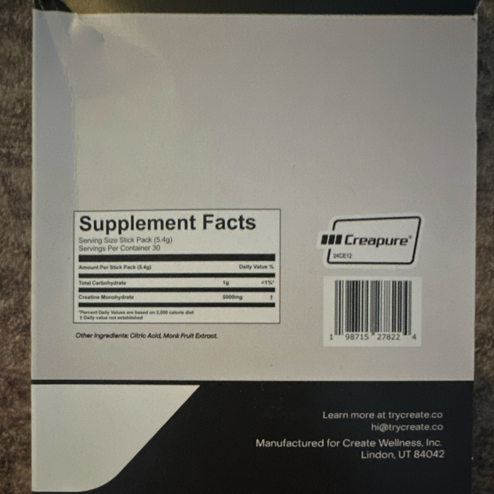 Create Creatine Monohydrate 5000mg Powder 30 Stick Packs Gluten-Free