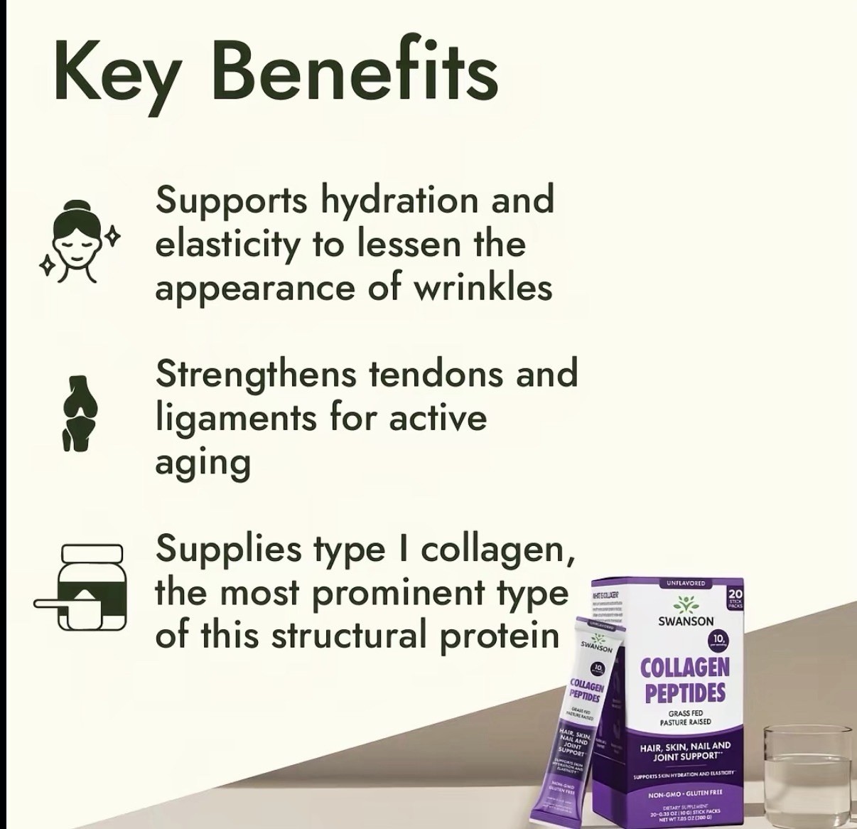 Swanson Collagen Peptides Unflavored Powder 20 Stick Packs 10g Exp 11/27