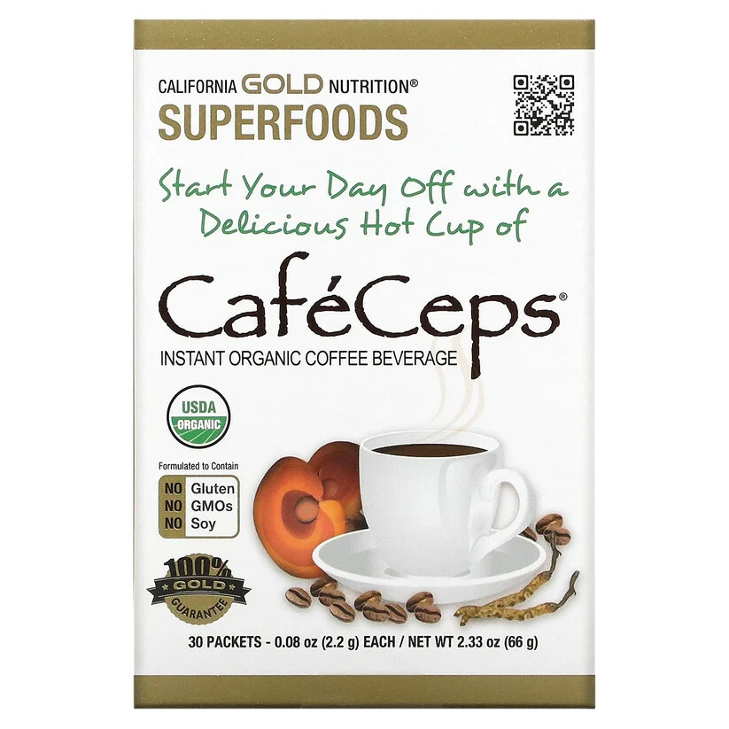 California Gold Nutrition CafeCeps Certified Organic Instant Coffee 30x 2.2g NEW