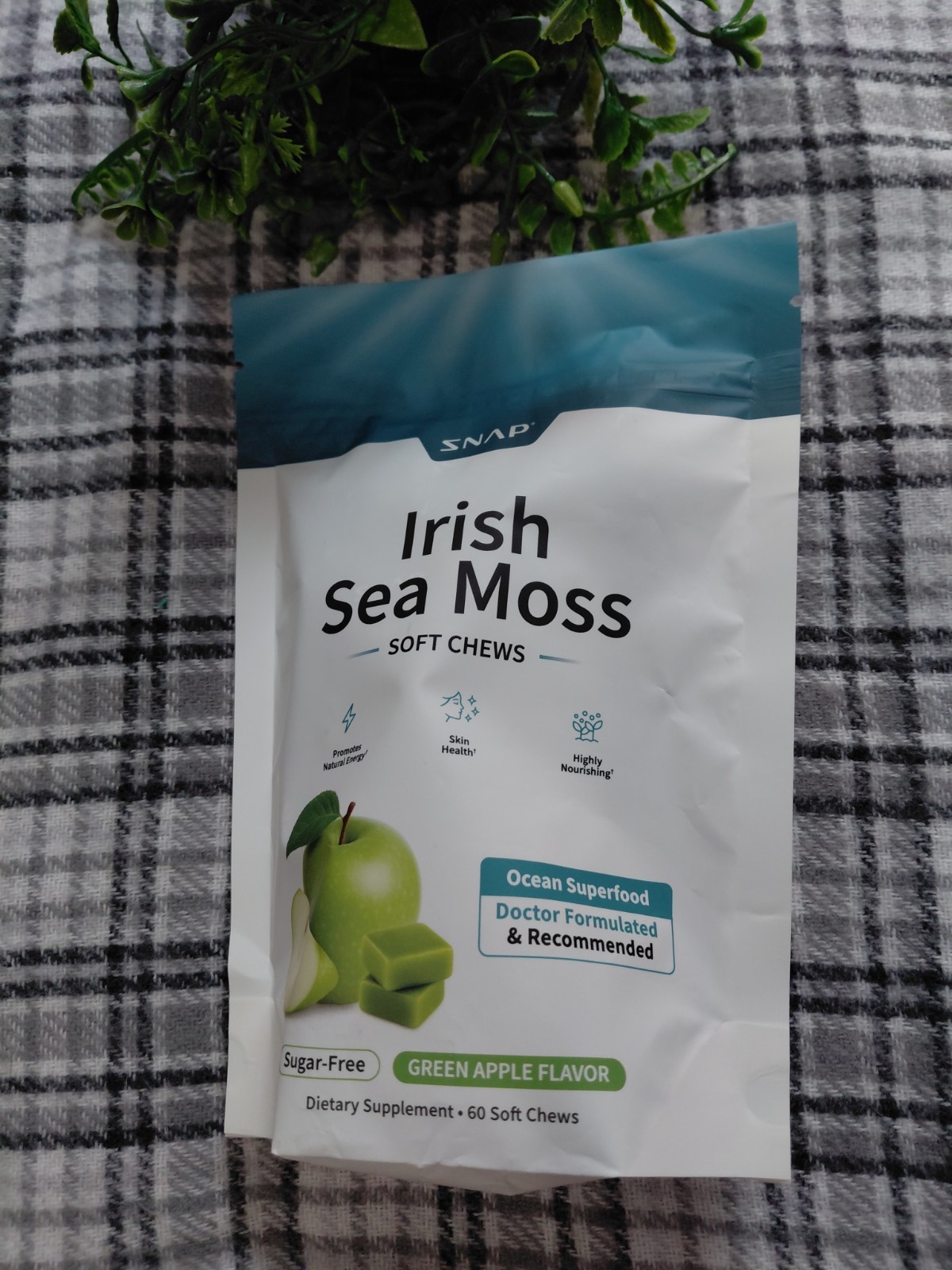SNAP Irish Sea Moss Soft Chews Skin Health Green Apple Sugar-Free 60 Ct
