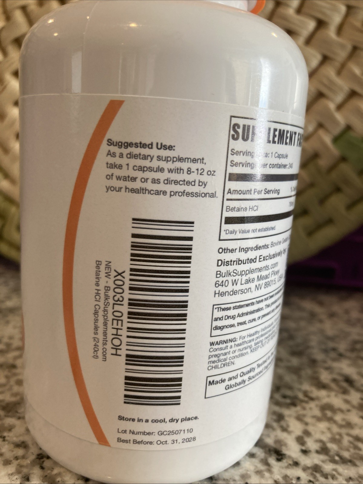 BulkSupplements 750 mg Betaine HCL Supplement 240 Capsules New EXP 10/31/2028