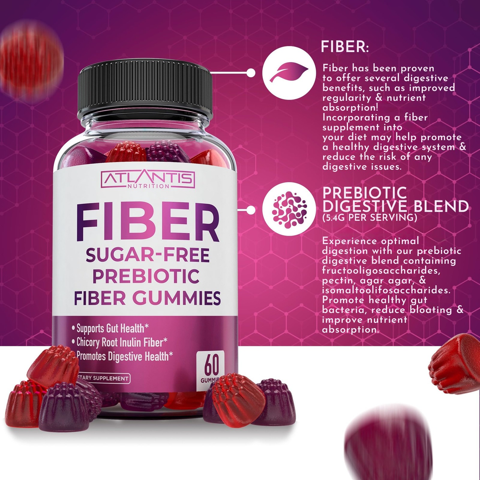 Atlantis Nutrition Sugar Free Fiber Gummies for Adults – 60 Count (Pack of 2)