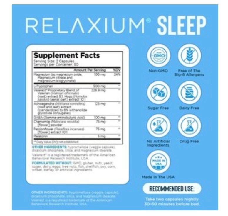 Relaxium Sleep Aid Capsules 30CT Vegan Drug Ashwagandha Magnesium
