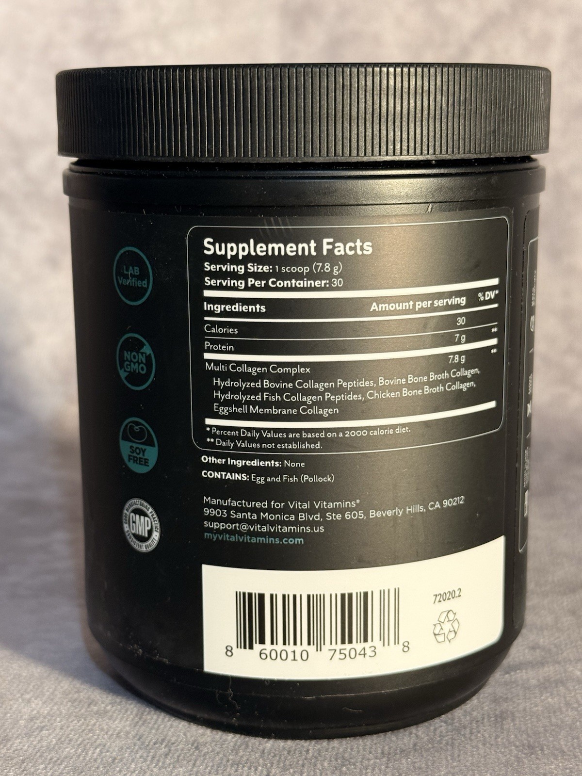 Vital Vitamins Multi Collagen Peptides Type I II III V X Unflavored 30ct 8.29 oz