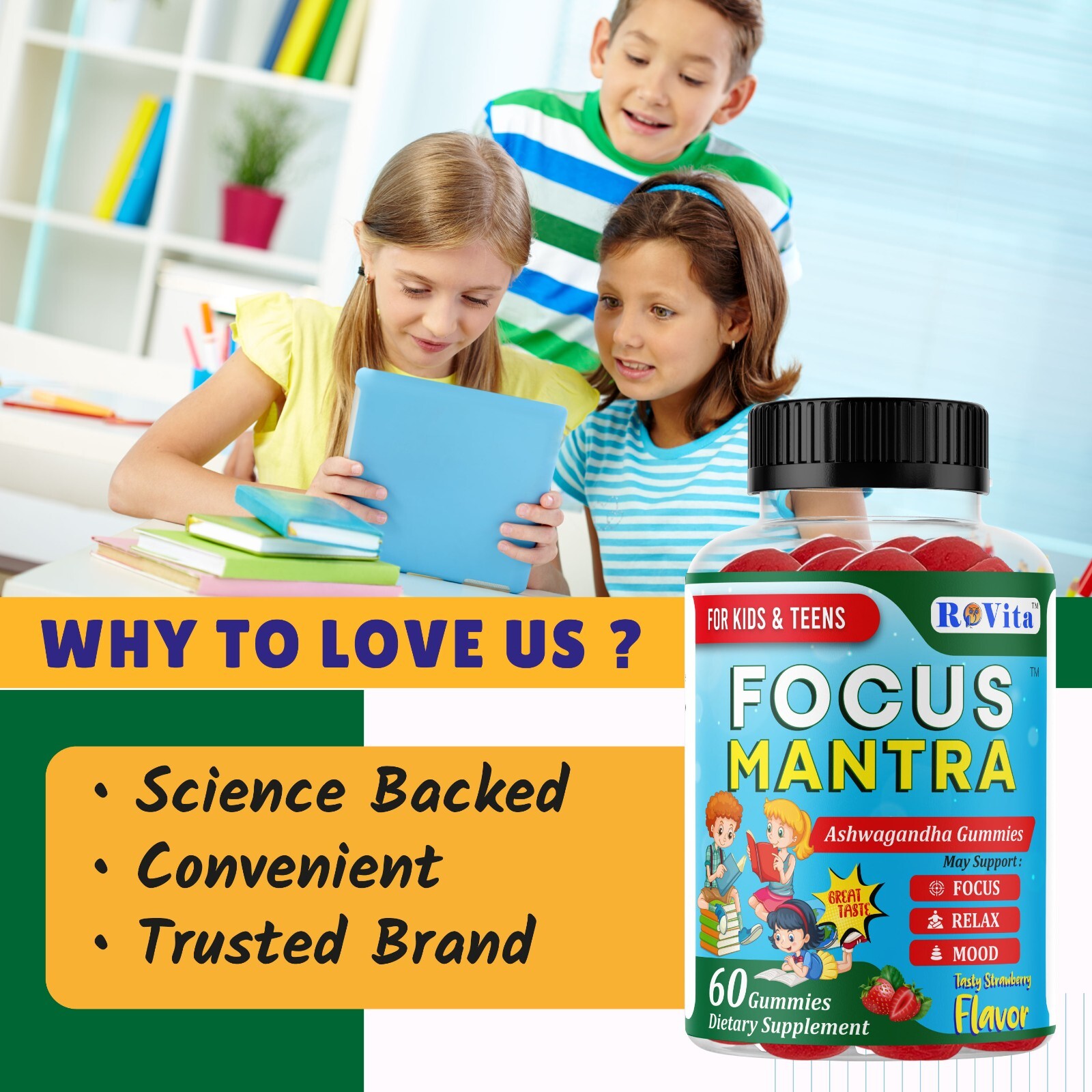 Focus Mantra Ashwagandha Brain Booster Gummies for Kids & Teens -Focus, Mood