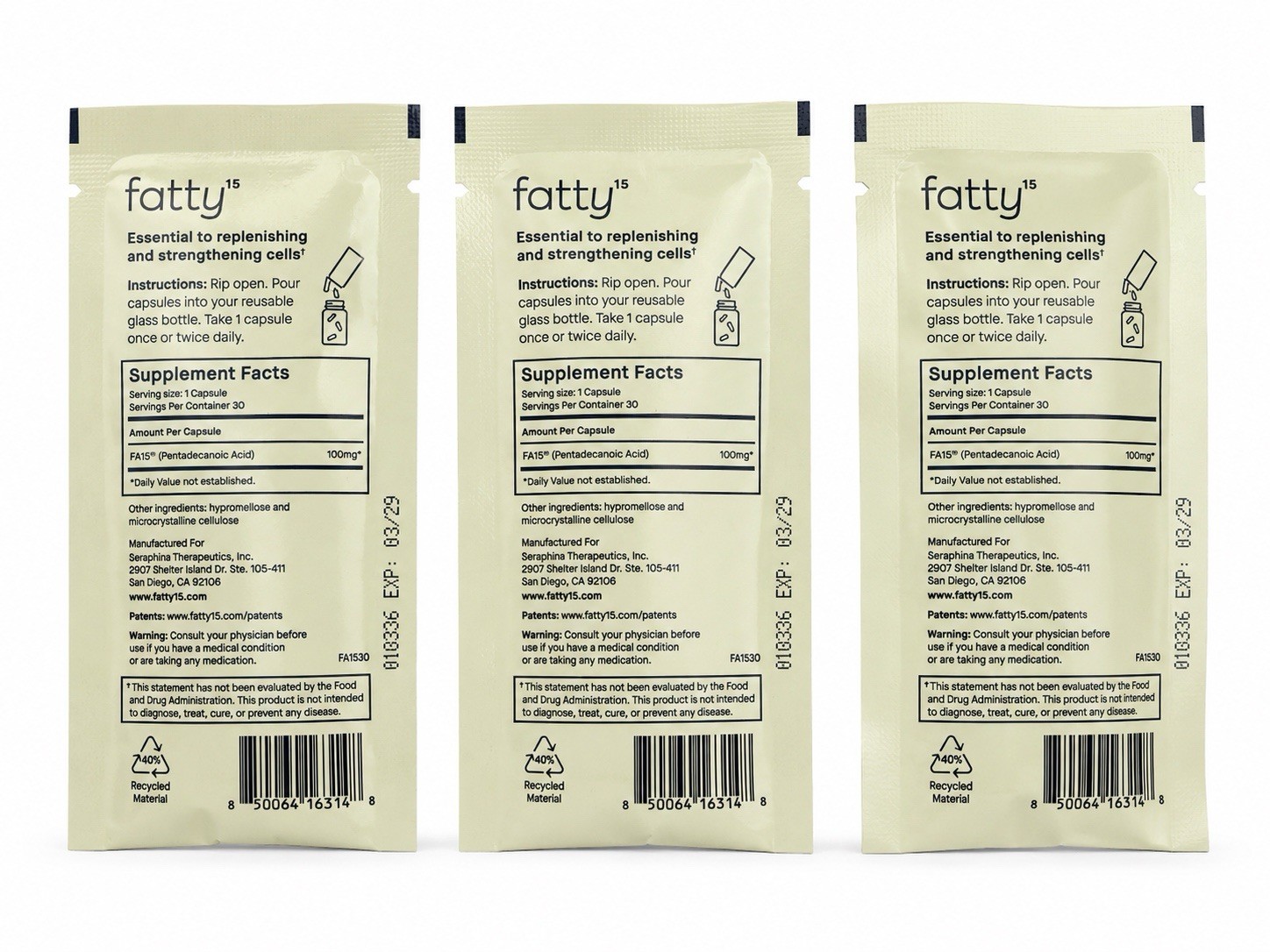 fatty15 C15:0 Pentadecanoic Acid 100 mg Refill Pouch Capsules 30 Count