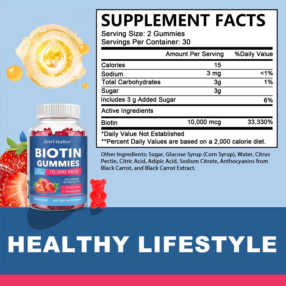 Maximum Strength Biotin 10000mcg For Hair Skin Nail Growth Supplement 60 Gummies
