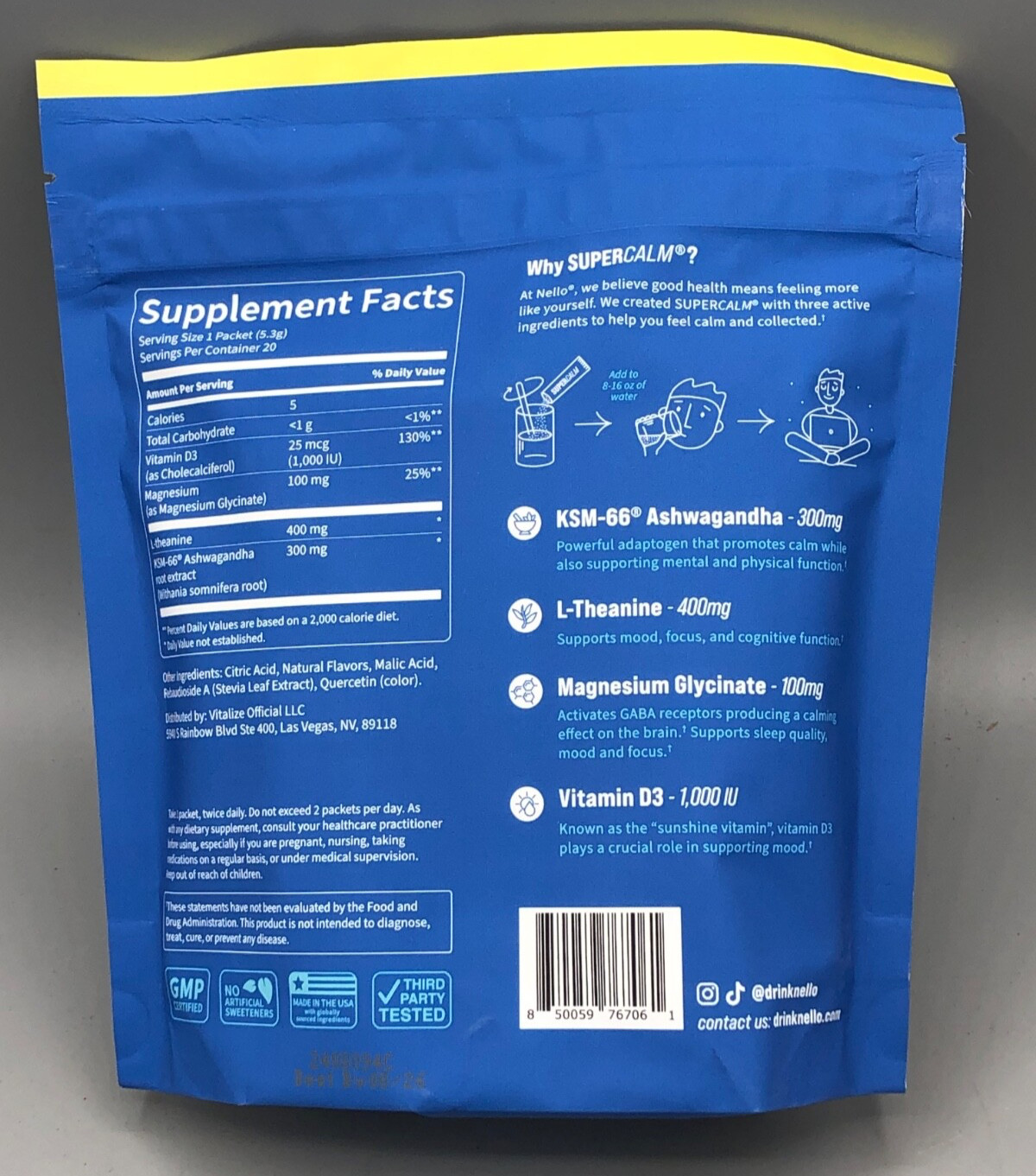 Nello SuperCalm Calming Drink Mix Relaxation & Focus Lemon Lime 20 Packets