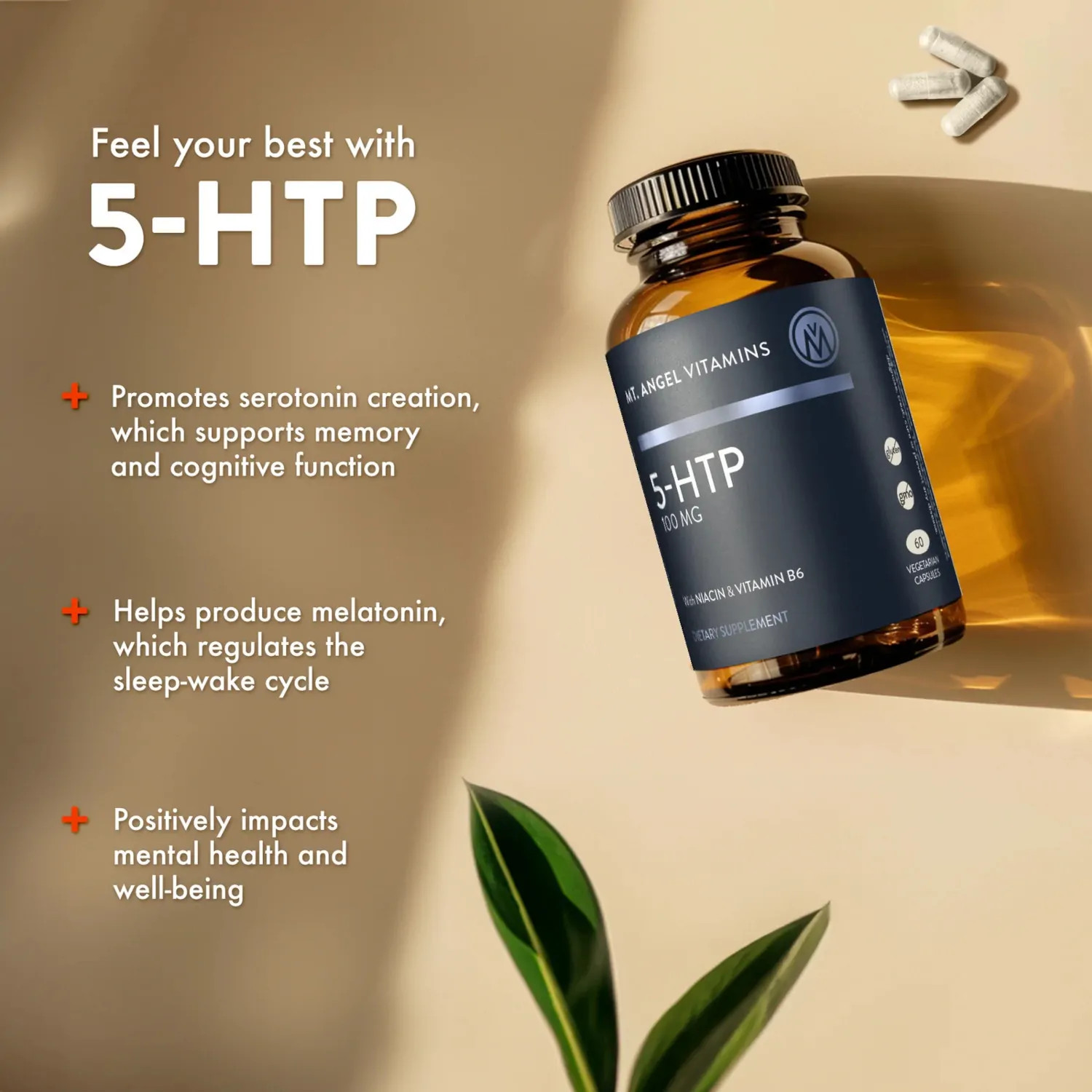 Mt. Angel Vitamins 5-HTP 100mg,Mood,Relaxation&Sleep Support,60VegCaps