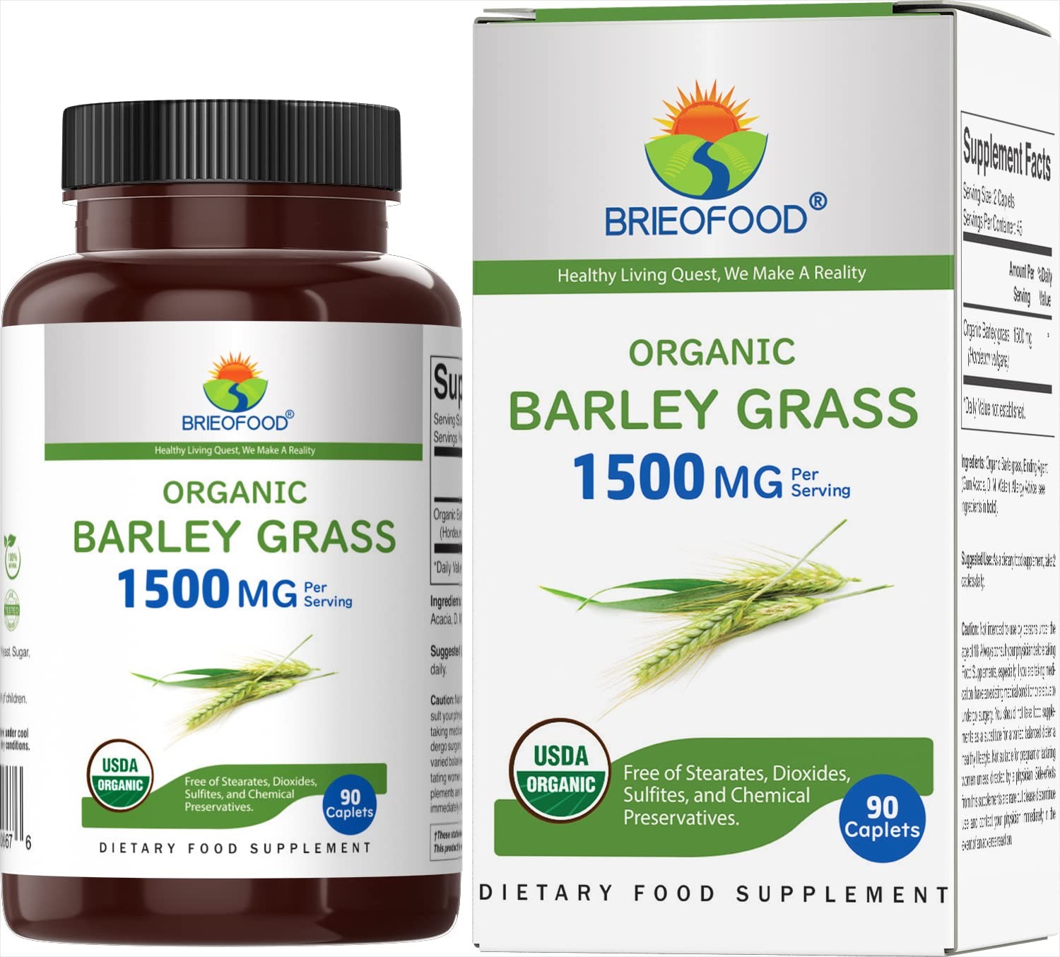 Brieofood Organic Barley Grass 1500mg, 45 Servings, 90 Count (Pack of 1)