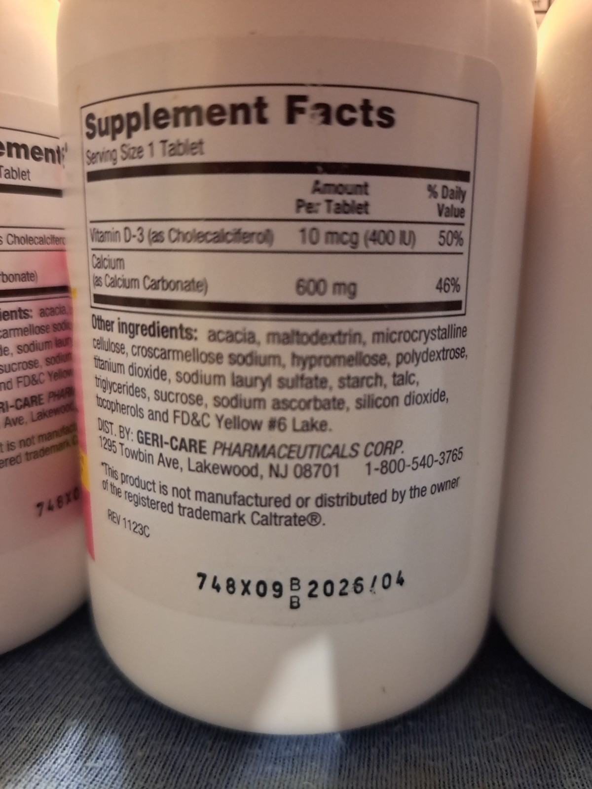 3 Geri-Care Calcium 600+D 10mcg Dietary Supplement, 180 Tablets, BB 4/2026, New