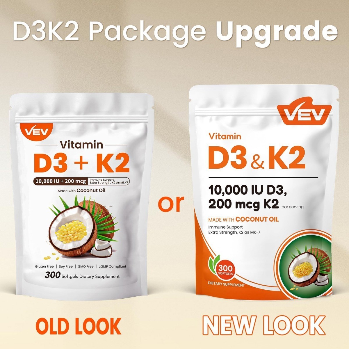 VEV Vitamin D3 & K2 10000 IU.300 Coconut Oil Softgels, 2-in-1