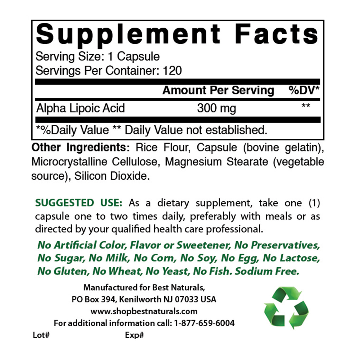 Best Naturals Alpha Lipoic Acid 300 mg 120 Capsules antioxidant