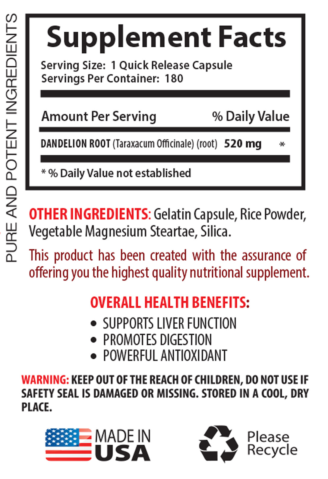 diuretic capsules – DANDELION ROOT 520MG – dandelion leaf 2B
