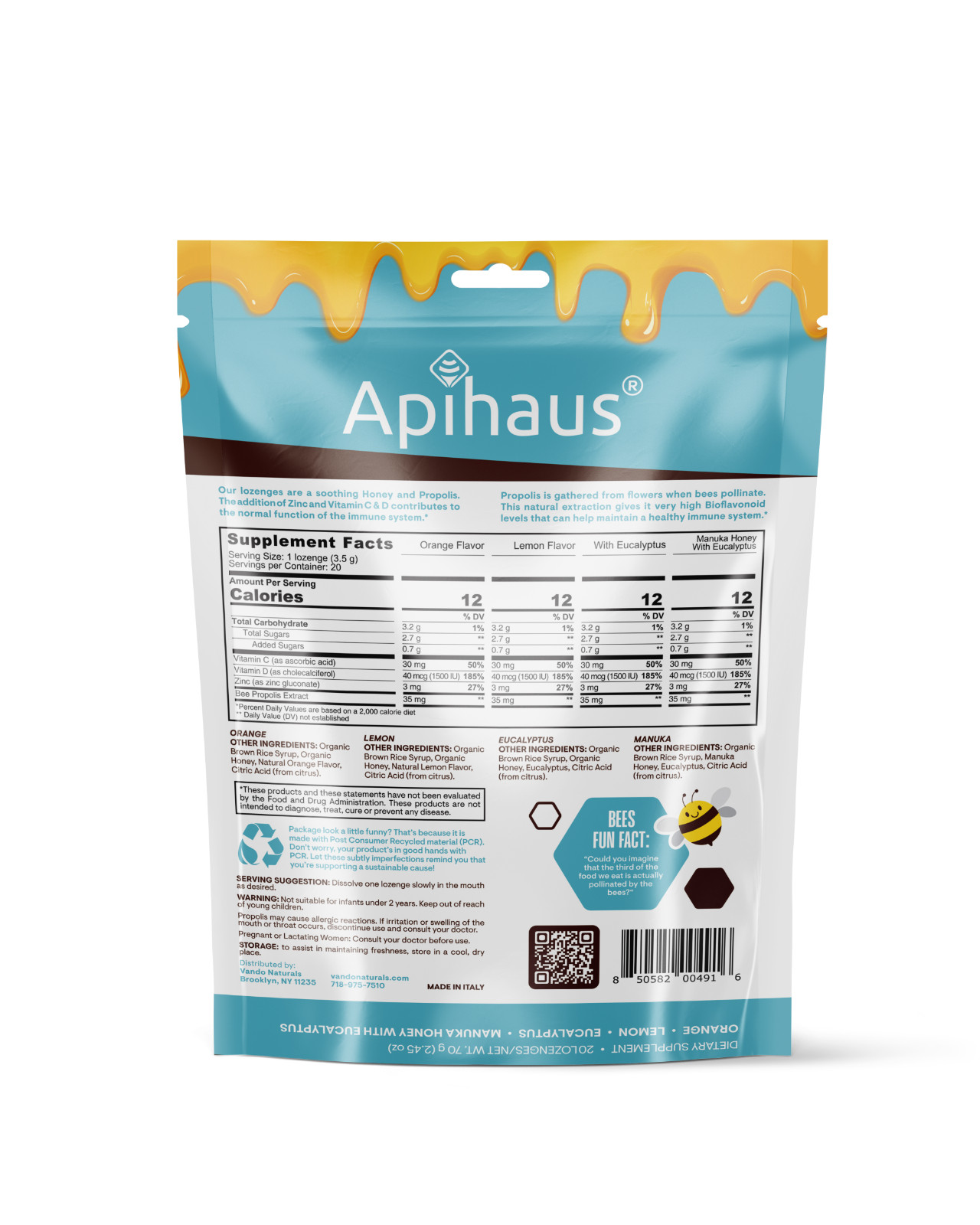 Honey and Propolis Organic Lozenges by Apihaus 20 pcs Assorted Flavors