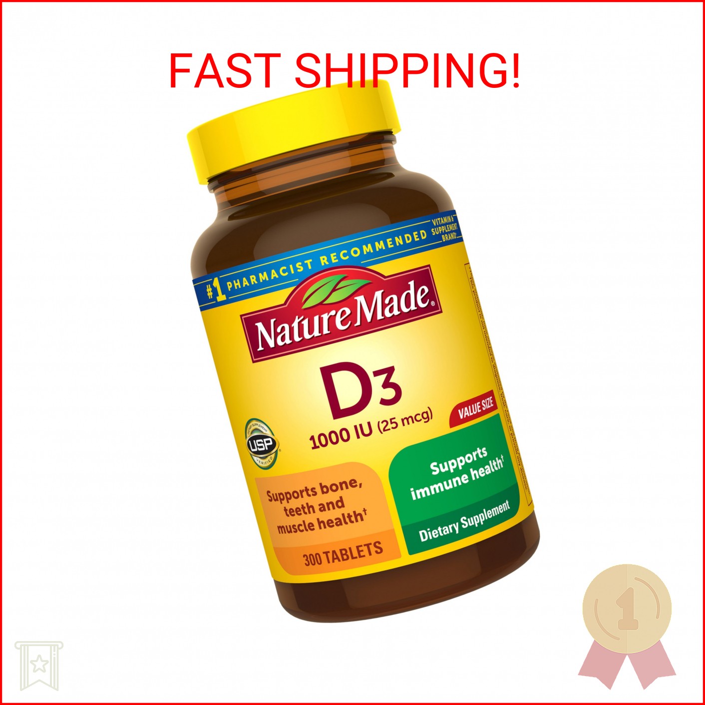 Nature Made Vitamin D3 1000 IU (25 mcg), Vitamin D Supplement for Bone, Teeth, M