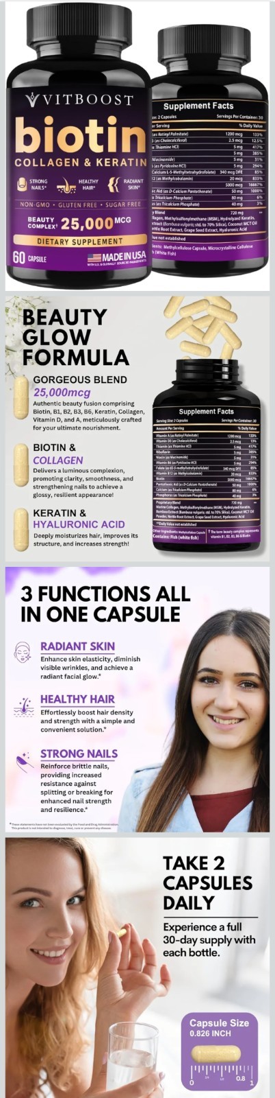 2 x VITBOOST Biotin Collagen + Keratin 25,000 mcg Hair Skin Nails 120ct-EXP 11/8