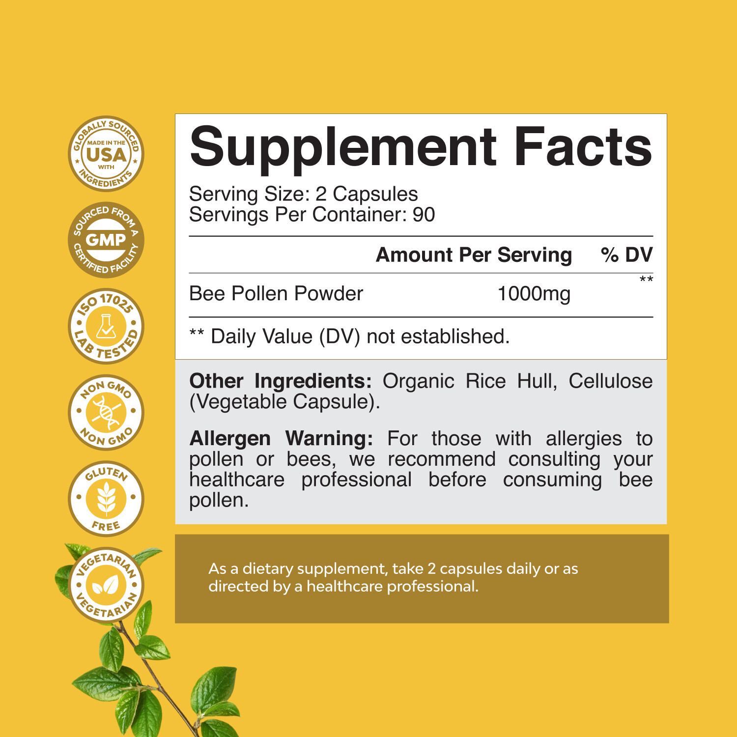 Bee Pollen Supplement 1000mg per Serving – Pure Vegetarian Gluten-Free 180ct