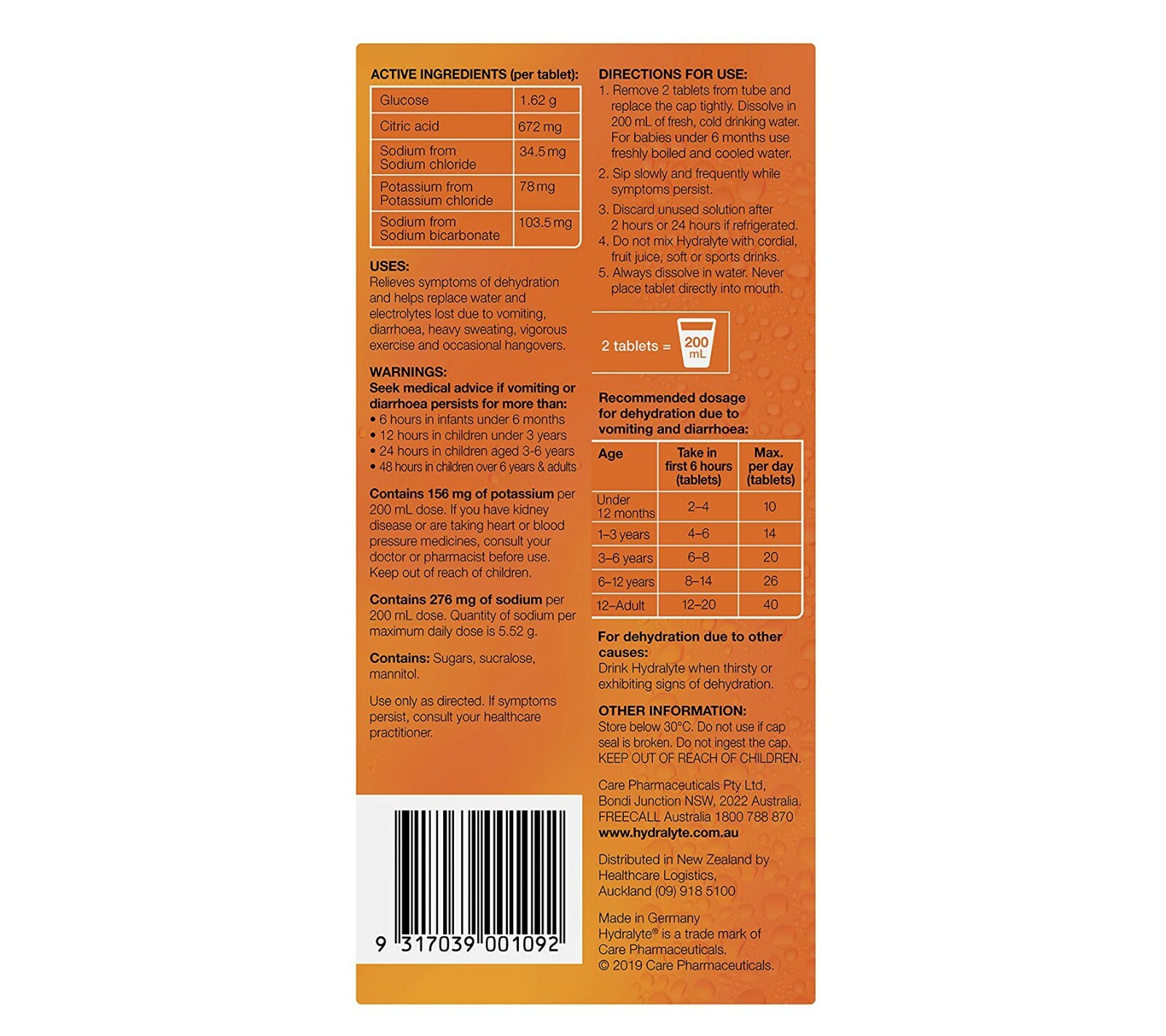 2 x Hydralyte Effervescent Electrolyte Orange Flavor For Dehydration 40 Tablets