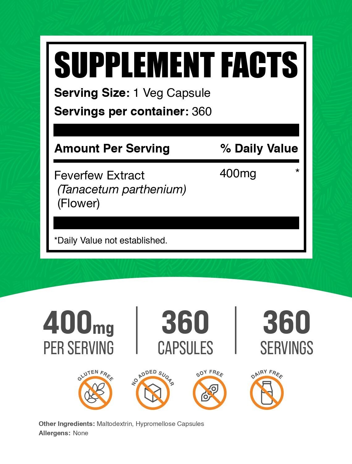 BulkSupplements Feverfew Extract Capsules – 400mg per Serving – 360 Capsules