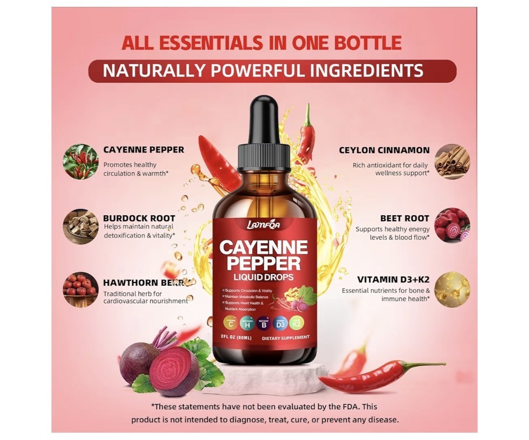 LunfQA Cayenne Pepper Liquid Drops w/ D3 K2 Hawthorn Beet Non-GMO 2 fl oz
