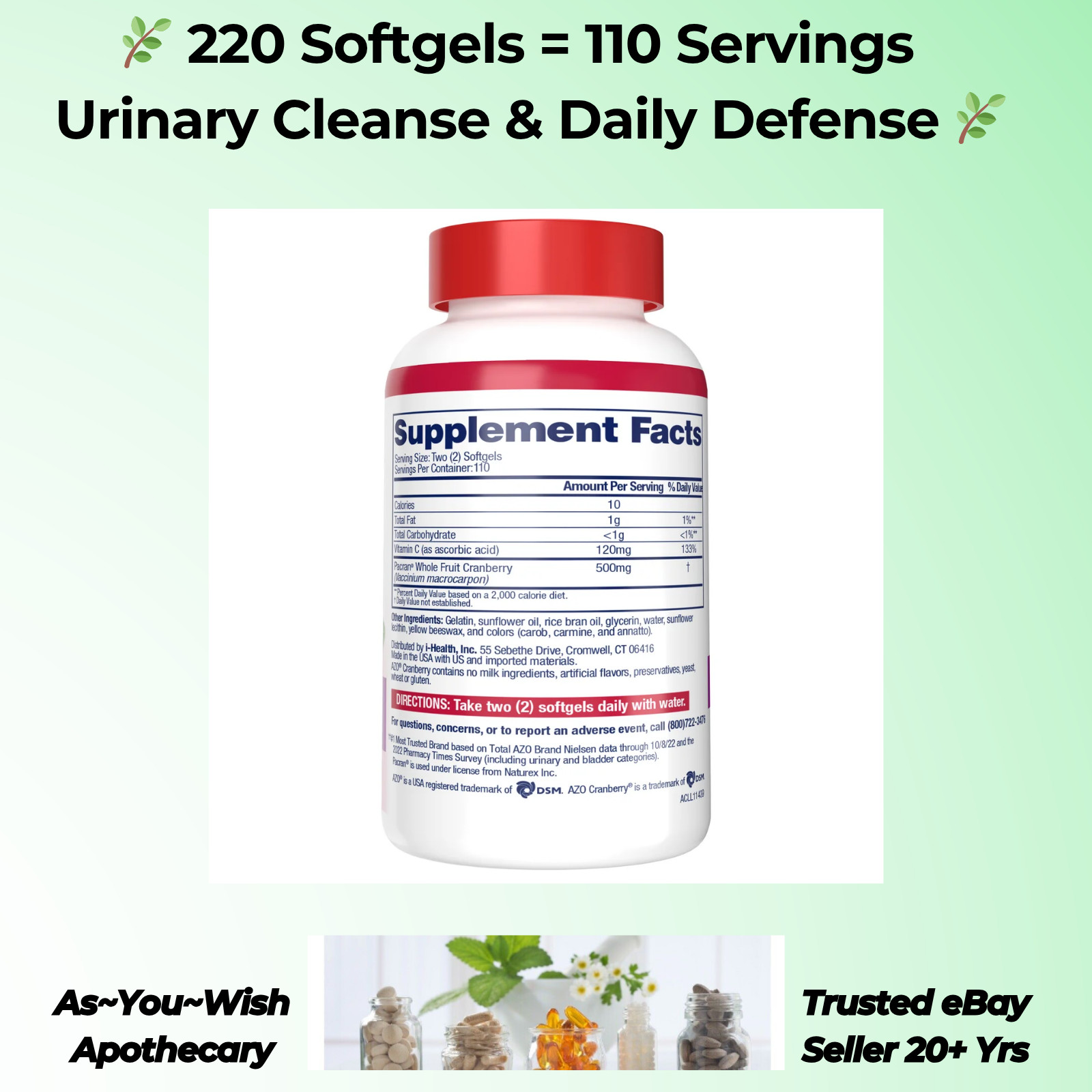 220 Softgels AZO Cranberry 500mg Urinary Tract Health UTI Cleanse Supplement