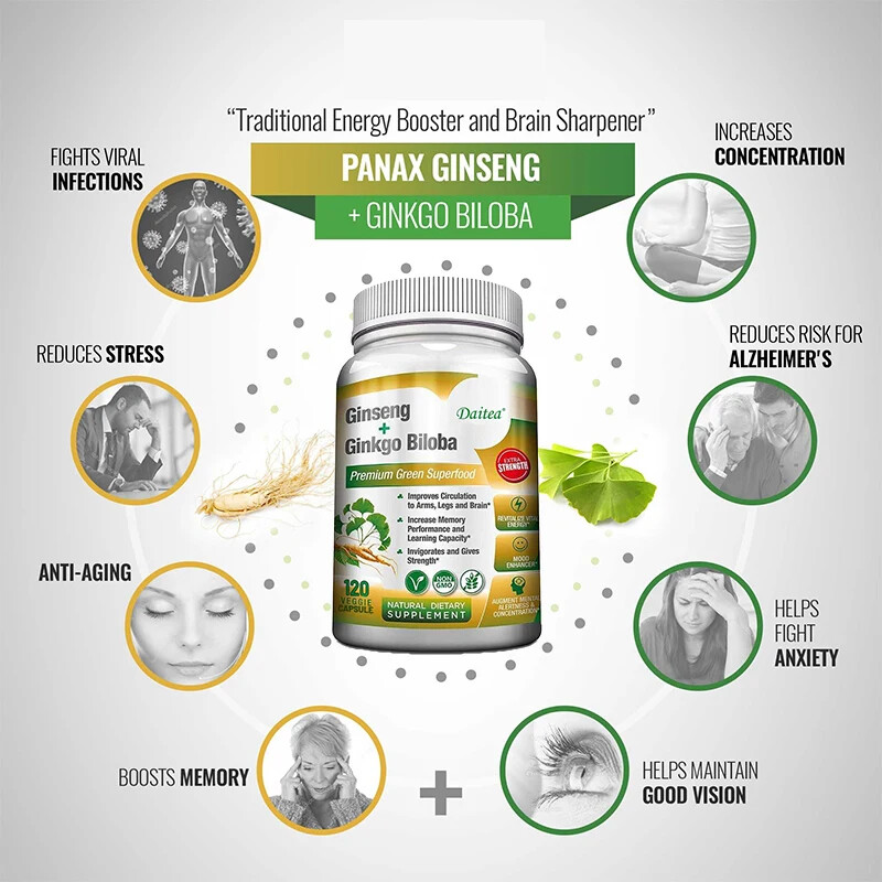 Ginseng + Ginkgo Biloba for Brain Function, Blood Circulation Vegan Capsules