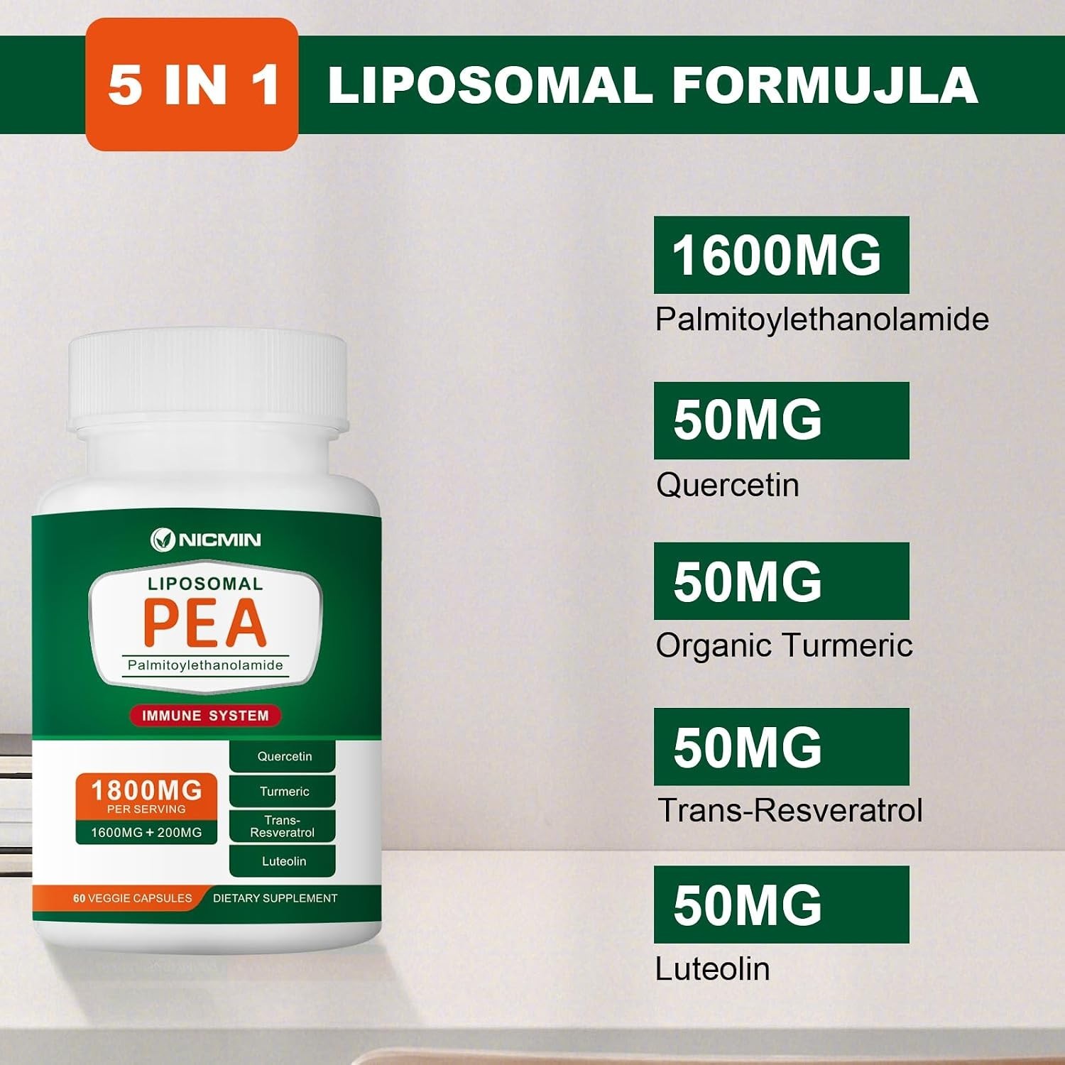 Palmitoylethanolamide PEA Supplement 1600 Mg Micronized Pea 99% Highly Purified