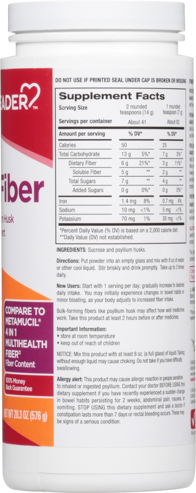 Leader Daily Fiber 100% Natural Psyllium Husk Original 576 gm 20.3 fl ounce