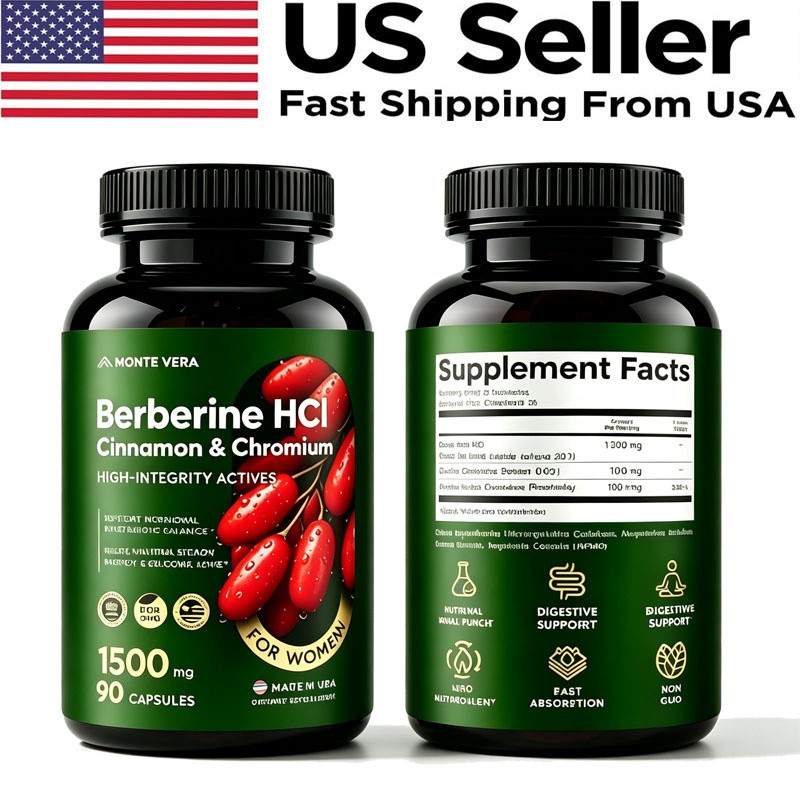 Berberine HCI 1500mg with Chromium Cinnamon Vegan Non-GMO Supplement 90 Capsules