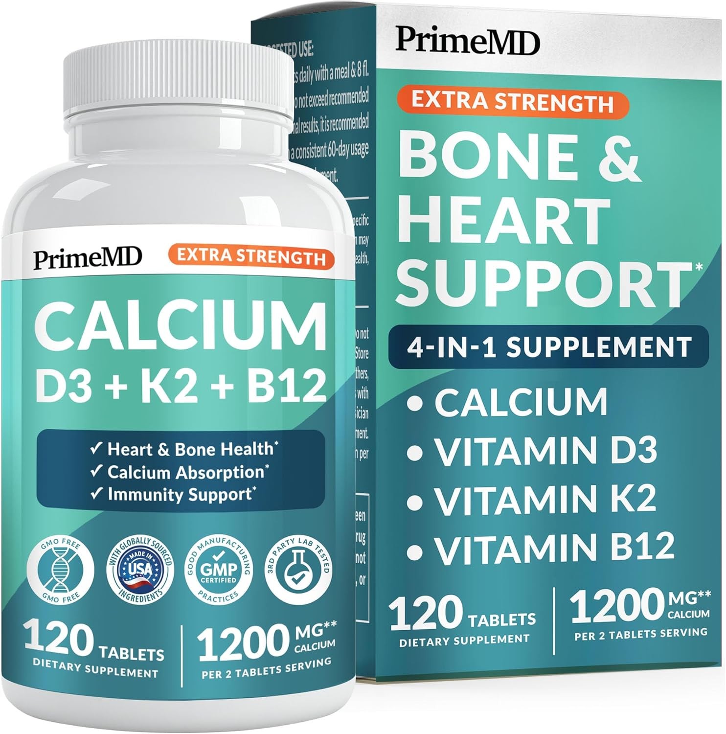 4-in-1 Calcium 1200 mg with Vitamin D3 K2 – Extra Strength Calcium Supplements f