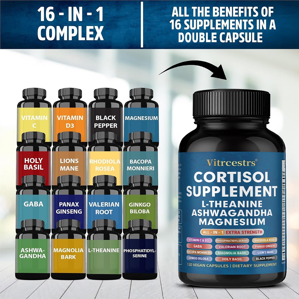 All-in-One Cortisol Capsules 30/60/120Pcs L-Theanine,Magnesium for Stress