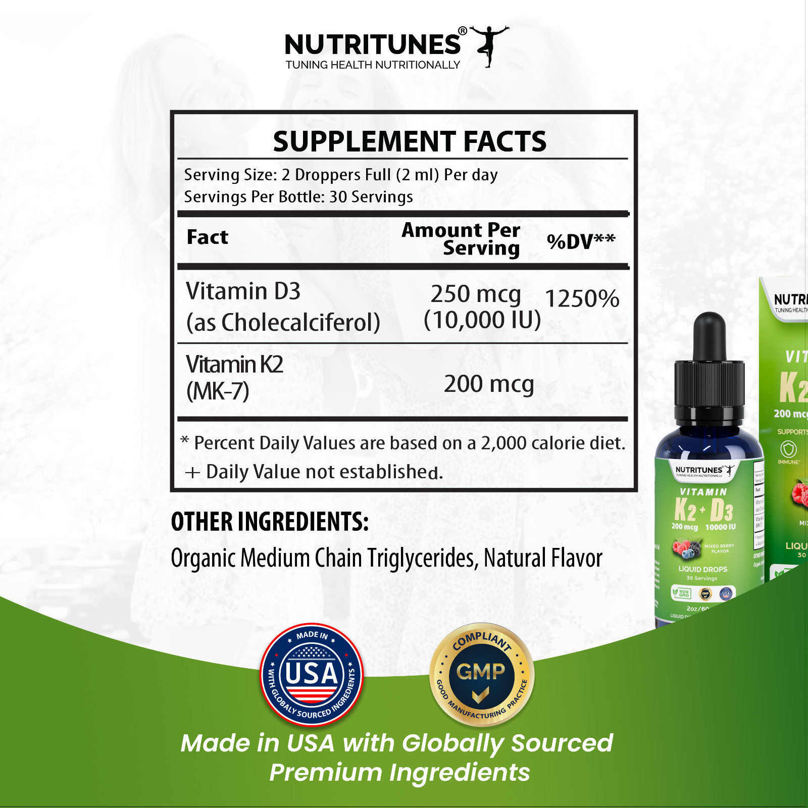 Vitamin D3 K2 Liquid Drops 10000 IU D3 & 200 mcg K2 – Mixed Berry – 30 Servings