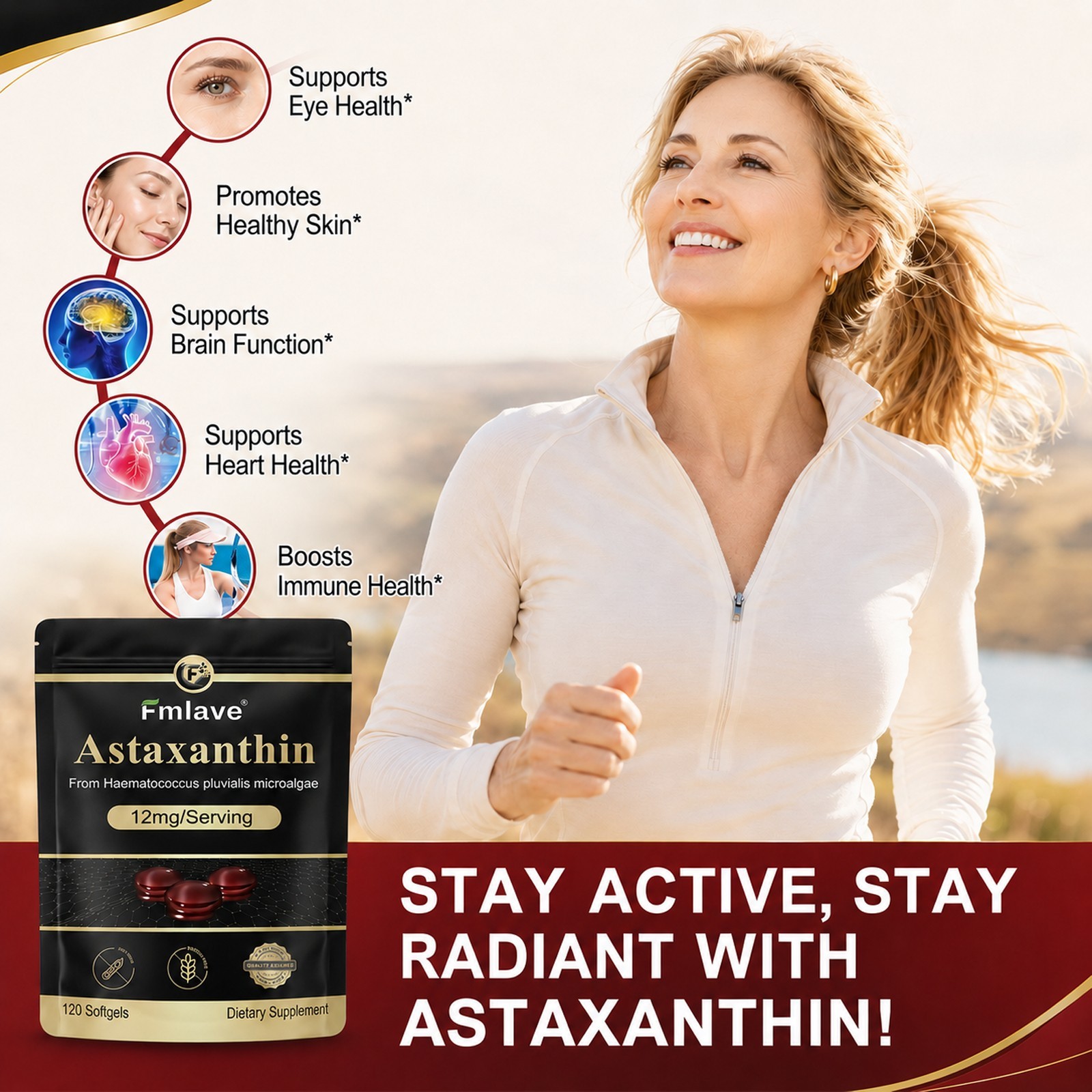 Astaxanthin 12mg 120gels Fresh Microalgae Source Antioxidant/Skin/Eye/Joint