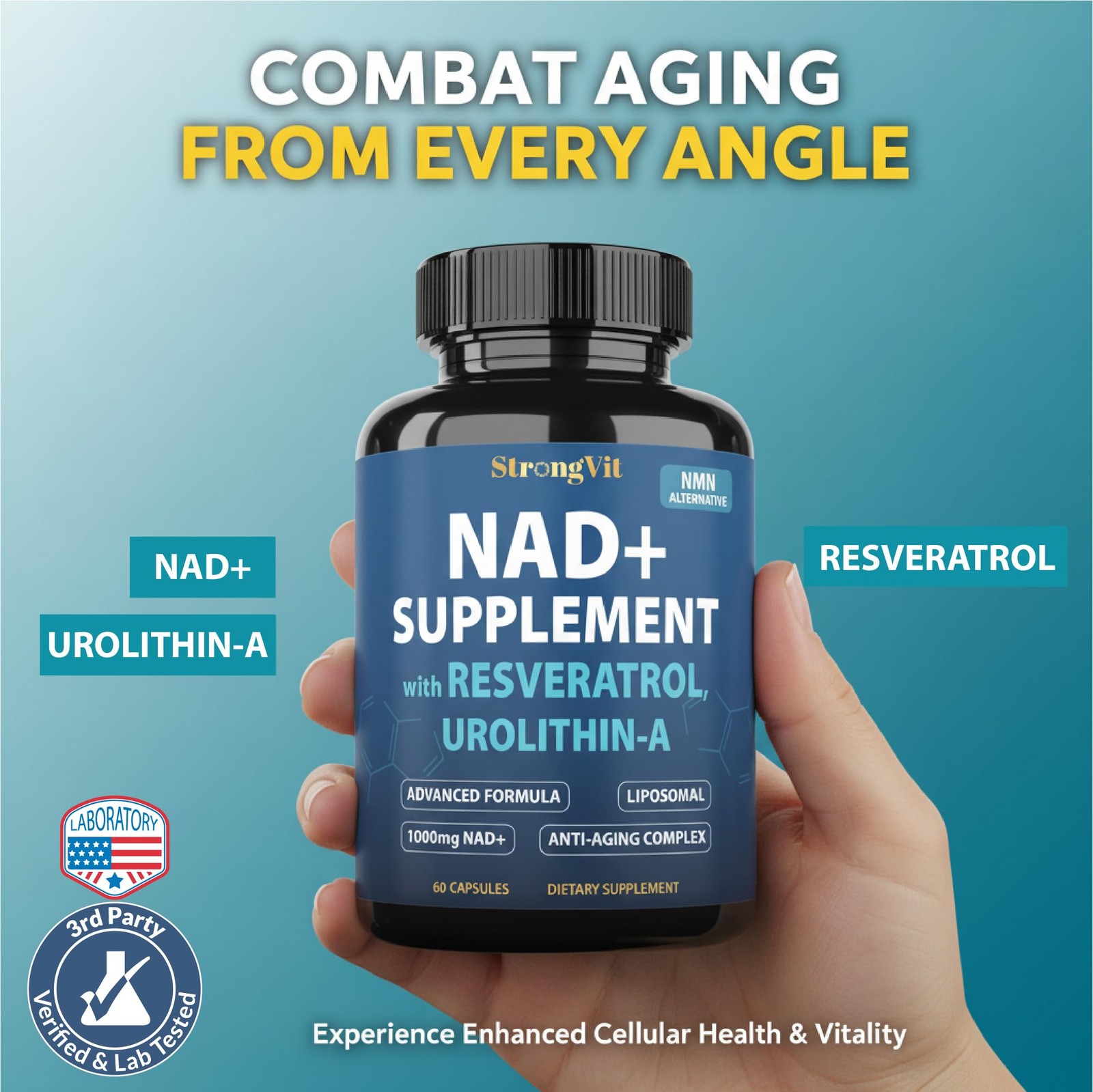 StrongVit NAD Supplement with Resveratrol & Urolithin-A, 60 Count (Pack of 1)