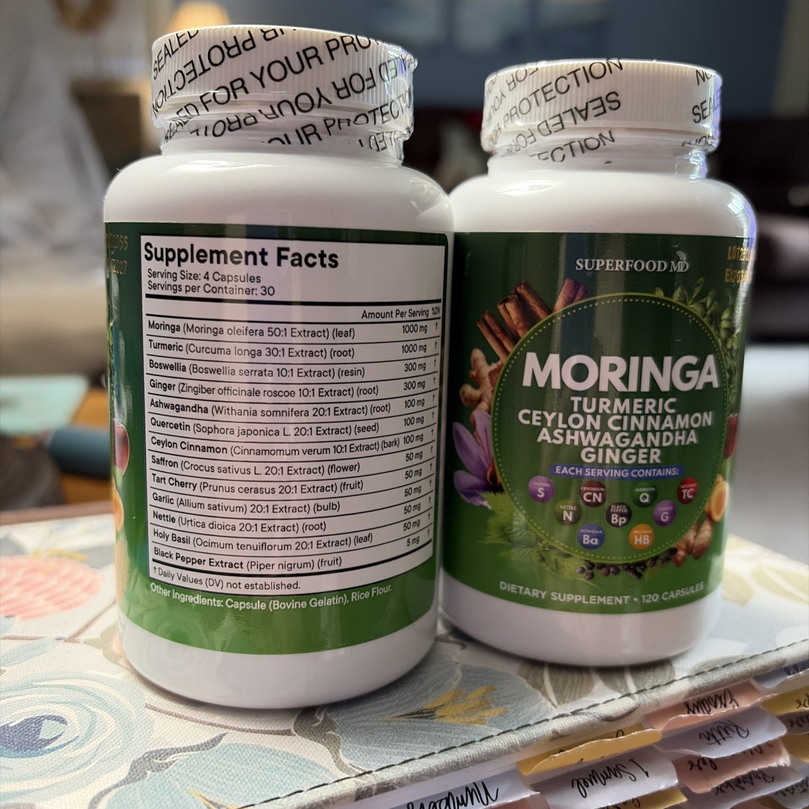 Superfood MD Moringa Supplement Turmeric Ginger Boswellia Saffron Basil 120 Caps